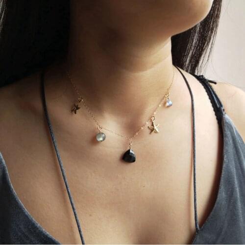 Lii Ji Genuine Stone Labradorite Black Spinel Charms 9K GF Star Charms Chain Necklace Delicated Handmade Link Necklace