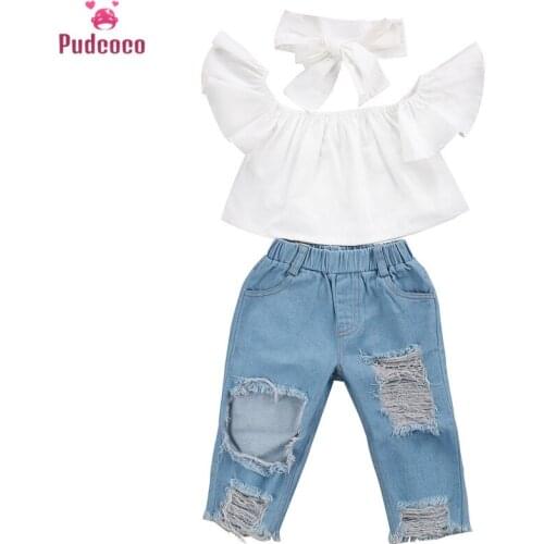 Pudcoco Brand Children Girls Clothes Off shoulder Crop Tops White+ Hole Denim Pant Jean Headband 3PCS Toddler Kids Clothing