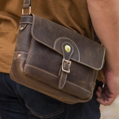 Retro crazy horse leather men and women mobile phone messenger bag fashion designer daily weekend work shoulder messenger bag