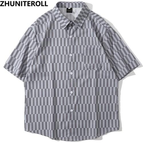 Hip Hop Shirt Men Harajuku Plaid Graphic Print Summer Beach Shirt Pocket Hawaiian Short Sleeve Fashion Tops Streetwear Clothing