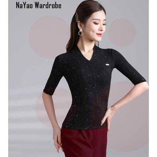 2021 New L2126A Women Latin Dance Tops Half Sleeve V Neck Latin Dancing Tops for Samba Tango Chacha Belly Performamnce