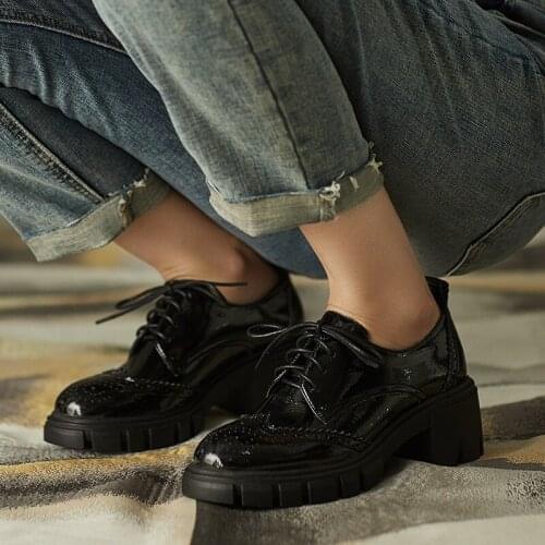 British School Genuine Leather All-match Round Toe Thick High Heel Lace Up Young Lady Daily Wear Maiden Women Pumps