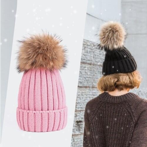 Outdoor Thermal Heating Thick Raccoon Fur Knitted Sweater Hat Female Knitted Hat Paternity Hat