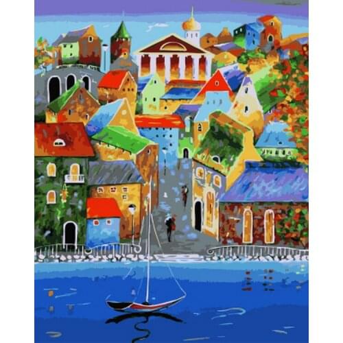 Frameless painting by numbers wall decor diy picture oil painting on canvas for home decor 4050 river town