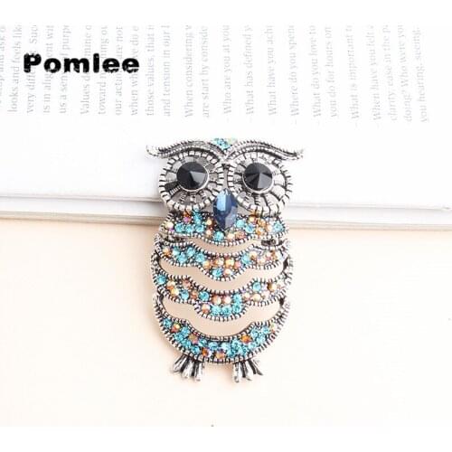 Pomlee Rhinestone Blue Crystal Color Owl Brooch Animal Fashion Brooches For Women Autumn Jewelry Coat Accessories Bird Pin Gift