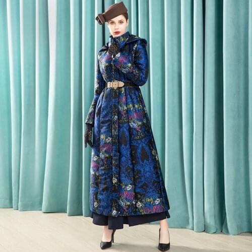 2020 Women Parkas Space Cotton Thick Long Coat Zipper Jacquard Winter Stand Collar X-Long Overcoat Navy Plus Size 8155