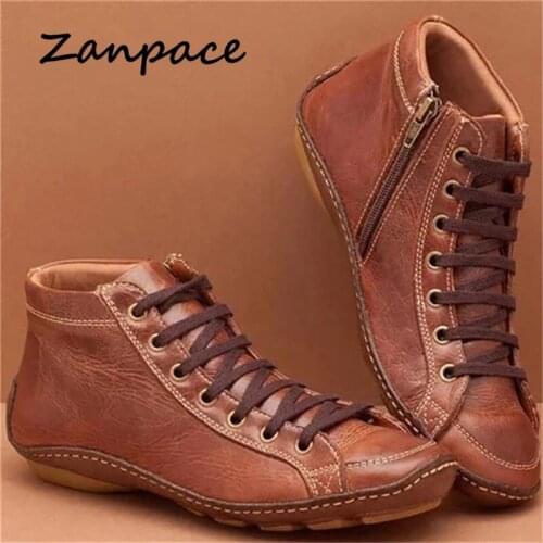 ZANPACE Winter PU Leather Women Boots Flat Ladies Zip Shoes Woman Leather Ankle Boots Women Cross Strap Vintage Woman Shoes