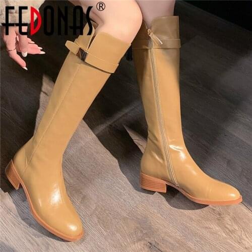 FEDONAS Basic Autumn Winter Women Knee-High Boots Autumn Winter Fashion Concise Metal Decoration Thick Heels Casual Shoes Woman