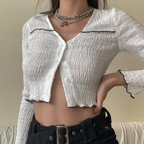 Womens Casual Long-sleeved Cardigan Fashion Solid Color Pleated Single-breasted Exposed Navel T-shirt