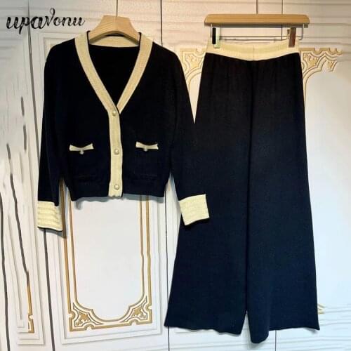 Free Shipping 2021 Fall Womens Patchwork Cardigan Sweater Set V-neck Long Sleeve Single-breasted Knitwear & Pants Two-piece Set