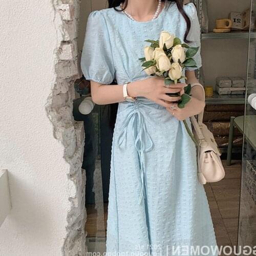 2021 summer womens design sense drawstring pleated mid-length dress women