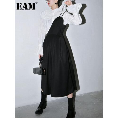 [EAM] Women Black Pleated Split StraplessDress New Onr Shoulder Sleeveless Loose Fit Fashion Tide Spring Autumn 2021 1S620