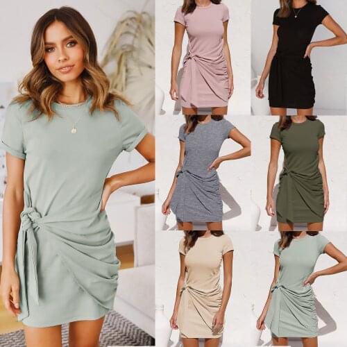Women Casual Short Sleeve Dress Unique Solid Color Round Collar Short One-Piece Black/ Pink/ Green/ Apricot/ Army Green/ Grey