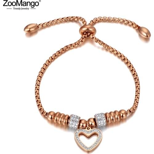 ZooMango Titanium Stainless Steel White Rhinestone Chain & Link Bracelets For Women Love Heart Adjustable Size Bracelet ZB20053
