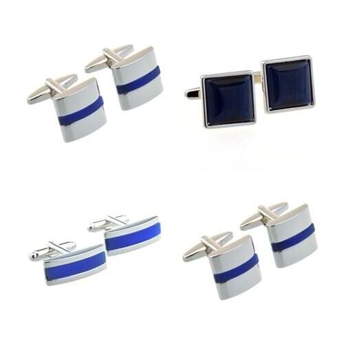 10pairs/lot Silver Square/Rectangle Blue Jewel Stone Cufflinks Cats Eye Opal Cuff Link Business Style Mens Jewelry Wholesale