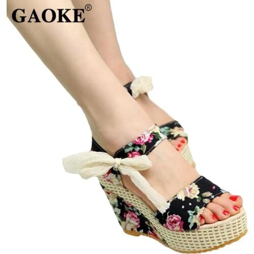 2019 Woman Sandals Summer Platform Woman Shoes Flower Platform Wedges Sandals Lady Flower Ribbon Summer High Heel Footwear