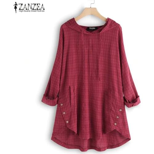 2021 Women Plaid Checked Blouse ZANZEA Autumn Hoodies Long Sleeve Tunic Tops Hooded Blusas Shirt Female Casual Buttons Chemise