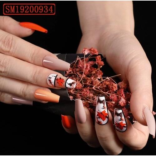 24pcs/Box Orange Fall Winter Maple Leaf Ballerina False Nails Wearable Long Coffin Fake Nails Full Cover Nail Tips With Glue