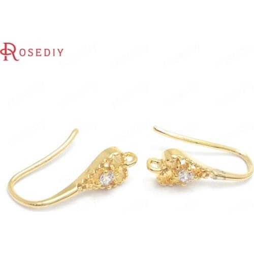 37660-G)10PCS Height 16MM 24K Gold Color Brass and Zircon Heart Shape Earrings Hooks Jewelry Making Supplies Diy Accessories
