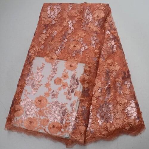 5yards/pc) High quality peach color African French net lace fabric with beautiful sequins embroidery and beads FLP964