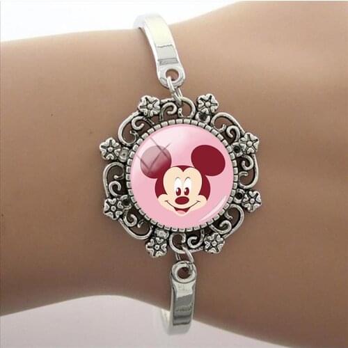 Disney Pink Minnie Makeup Dress Up Modeling Glass Convex Round Lace Bracelet Ladies Girl Jewelry For Friends