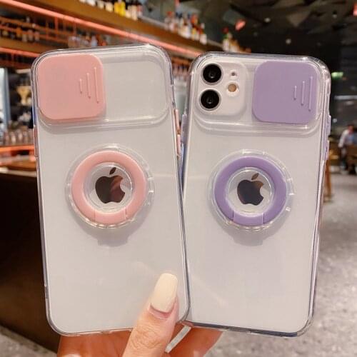 Cute Grip Ring Holder Stand Cover for iPhone 12 Pro Max 11 XR X XS 7 8 Plus Clear Silicon Slide Lens Window Phone Holder Cases