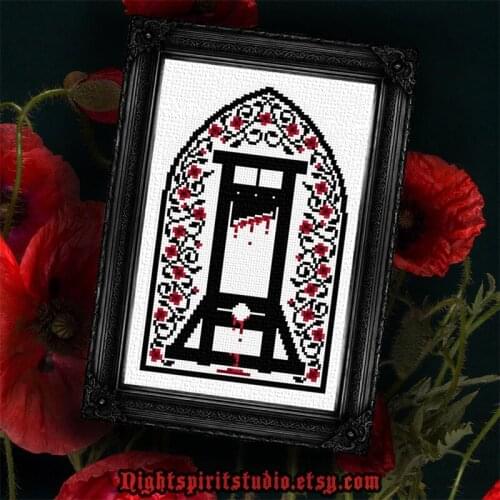 Guillotine with Floral Motif Gothic Counted Cross Stitch Kits for Beginner with 100% Cotton Floss & Free Shipping for Home Decor