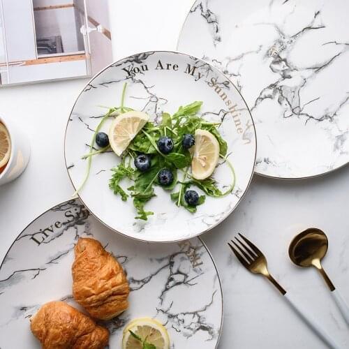 Nordic simplicity ceramic plate marble gold round tray decorative Fruit salad Dessert sushi plate kitchen Tableware dinner Set