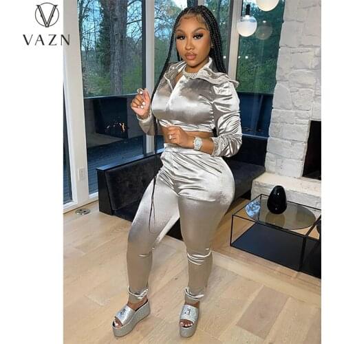 VAZN 2021 Hot List High-end Free Sexy Solid Chiffon Style Full Sleeve Cloth Top Long Pencil Pants Slim Women 2 Piece Set