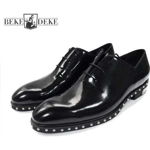 New Mens Rivets Genuine Leather Dress Shoes Lace Up Oxfords Pointed Toe Cowhide Business Work Shoes Wedding Party Formal Shoes