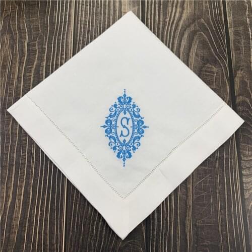 Set of 12 Fashion Monogrammed Dinner Napkins White Hemstitch Linen Table Napkins 20x20-inch Ladder Embroidery Letter Tea Napkin