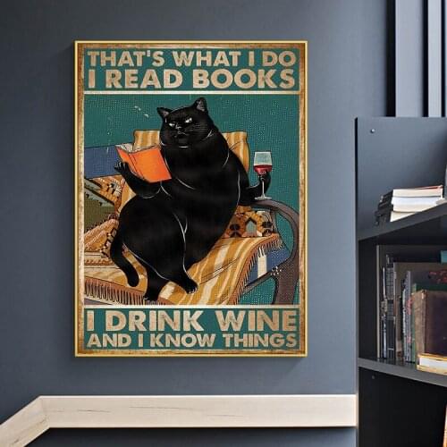 Vintage Black Cat Wall Art decor Book Lovers Canvas Painting Cat Poster and Prints Picture For Living Room Home Wall Decoration