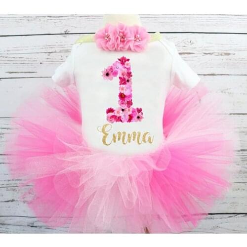 Personalised pink and gold baby girl First birthday outfit Custom Pink floral Name Age Baby Shower tutu set cake smash t shirt