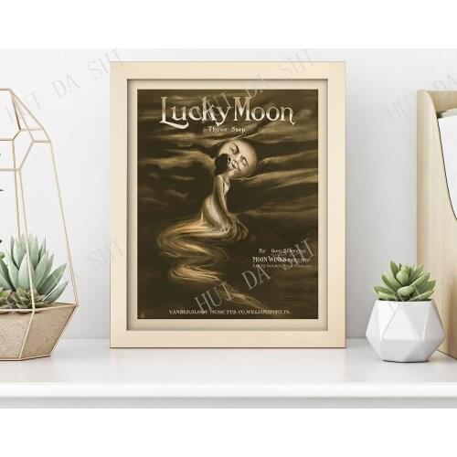 Moon Print • Vintage Lucky Moon Sheet Music Wall Art • Woman Kissing Moon • Romance 1920s Dreamy Dreamlike Night Sky Poster