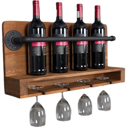 Industrial Wine Racks Holder Metal Hanging Liquid Bottle Holder Shelf for Wine Wall Mounted with Stem Glass Black Steel