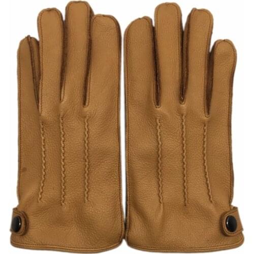 LUXURY 2020 Winter New Men Genuine Leather Deerskin Thick Velvet Warm Gloves Male Sewing Black/Brown Thicken Luva Deri Eldiven