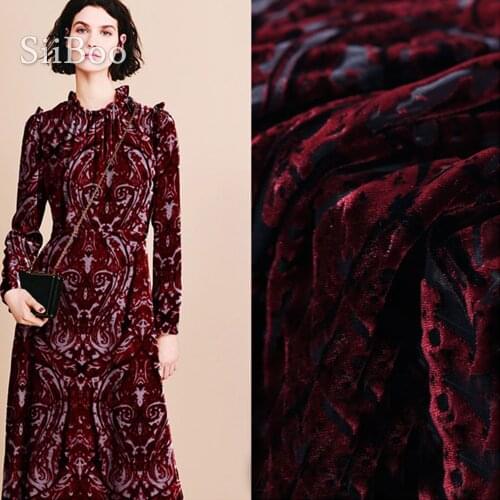 Rayon velvet fabric flocking silk fabric for dress dark red floral burnout silk fabric tissu tecidos stoffen free ship SP4654