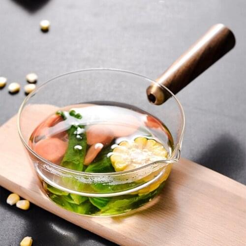 Glass Milk Pot with Wooden Handle 400Ml Cooking Pot for Salad Noodles Gas Stove Cookware