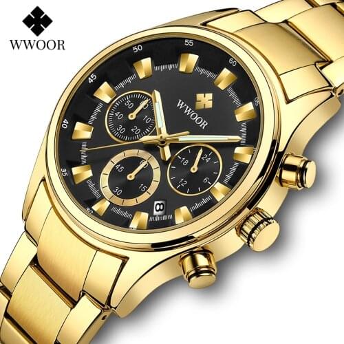 WWOOR Business Sports Quartz Watches For Men Luxury Stainless Steel Gold Black Fashion Waterproof Chronograph Relogio Masculino