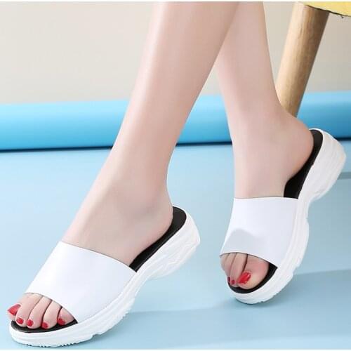 Split Leather Summer Women Slippers Slip On Wedge Shoes Women Beach Slippers Shoes Light Weight Indoor Outdoor Ladies Slippers
