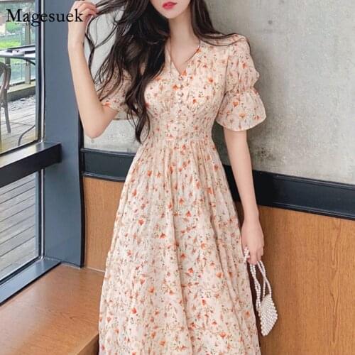 Summer Print Floral Dress Woman Puff Sleeve A Line Midi Long Dress Women Elegant Casual Party Plus Size Dresses Robes New 15467