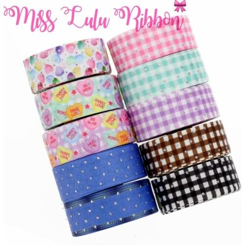 1"25mm Mini Glitter Dots Colorful Check Sweet Love Heart Printed Grosgrain Ribbon Denim Like Hair Band Making 50yards/roll