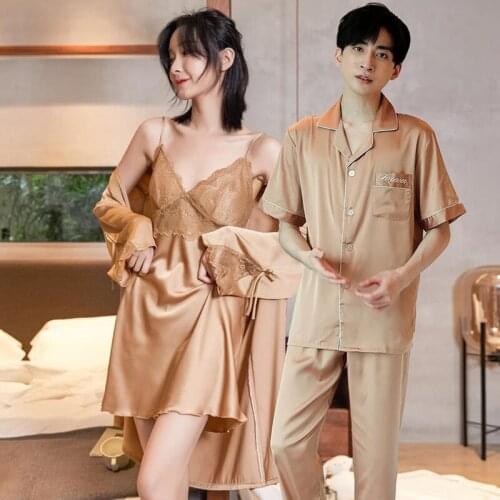 2PCS Couple Rayon Robe Sets Sexy Sling Nightgown Kimono Men Pajamas Suit Summer Lace Lounge Bathrobe Nightwear Lovers Home Wear