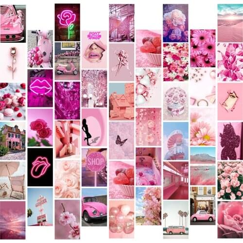 50Pcs Wall Collage Kit Cute Girl Pink Aesthetic Postcard Cute Car Rose Flower Poster for Indie Bathroom Girls Room Decoration