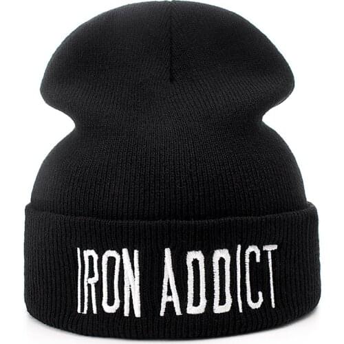Brand Cotton Letter IRON ADDICT Casual Beanies For Men Women Fashion Knitted Winter Hat Hip-hop Skullies Warm Hat