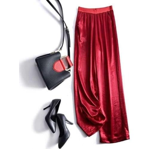 2021 Silk Wide Leg Pants Female Solid Loose Womens Pants Black High Waist Elastic Straight Baggy Pants Plus Size Spring Casual