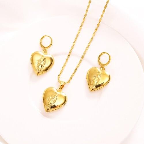 Pendant Chain Earring Solid Fine 9K Yellow Gold Necklace Heart Prayer Mary Fashion Womens