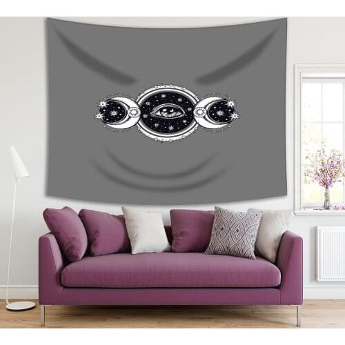 Tapestry All-seeing Eye on Circle Pattern with Two Moons and Starry Night Sky Spirituality Ethnic Artwork Gray Black white
