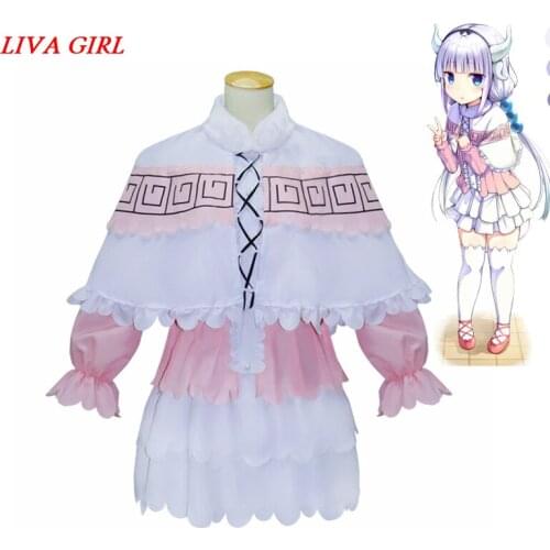 KannaKamui Kobayashi san Chino Maid Dragon Cosplay Headwear Wig and Costumes Miss Kobayashis Dragon Maid Kanna Kamui Pink Dress