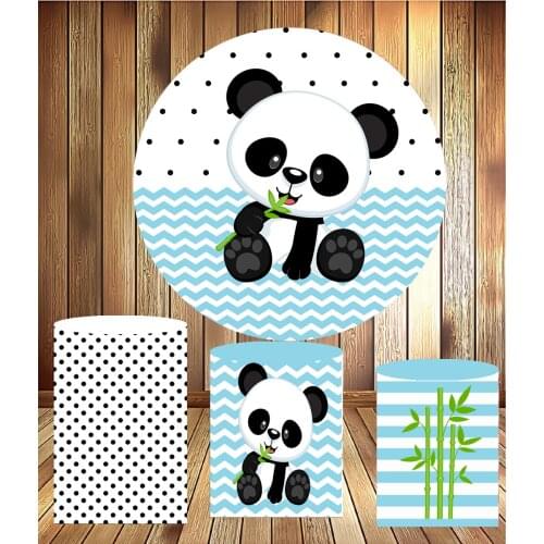 Round circle background birthday mini cake table party decor cute panda blue boy baby shower fabric 3 cylinder plinth cover